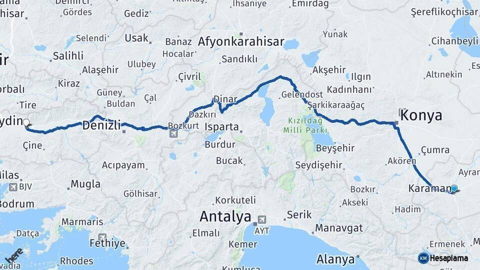 Karaman Aydın Arası Kaç Km - Yol Haritası