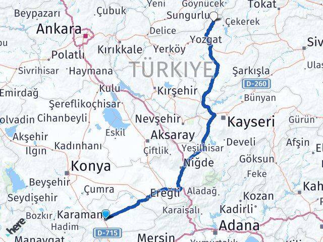 Karaman Aydıncık Yozgat Arası Kaç Km - Yol Haritası