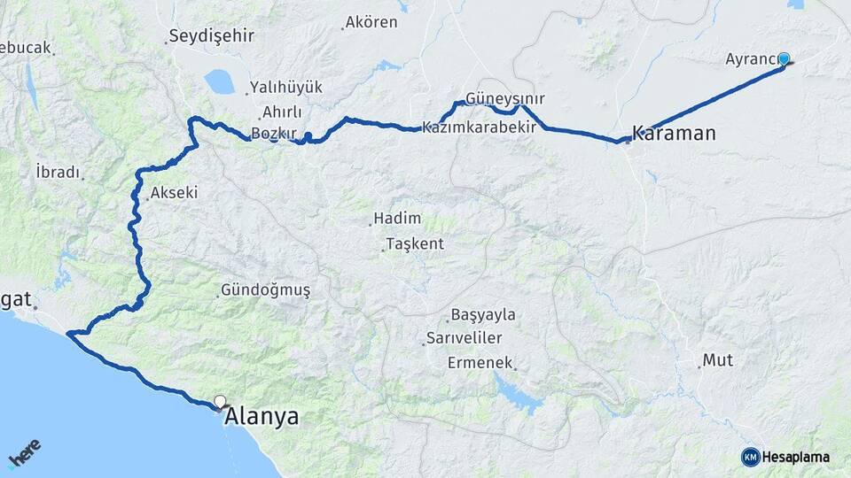 Karaman Ayrancı Alanya Antalya Arası Kaç Km - Yol Haritası