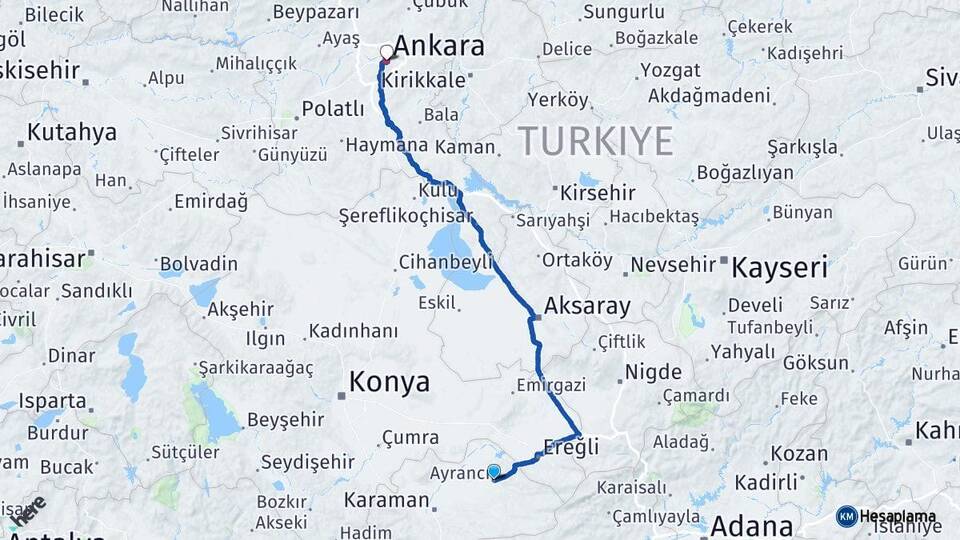 Karaman Ayrancı Ankara Arası Kaç Km - Yol Haritası
