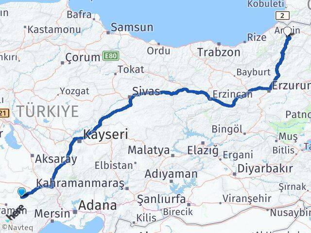 Karaman Ayrancı Artvin Arası Kaç Km - Yol Haritası