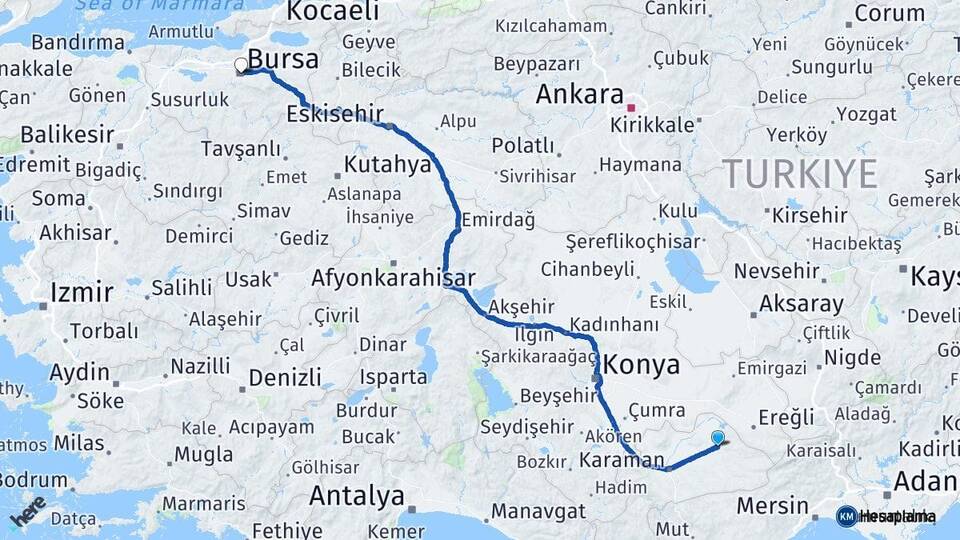 Karaman Ayrancı Bursa Arası Kaç Km - Yol Haritası