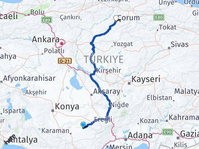 Karaman Ayrancı Çorum Arası Kaç Km - Yol Haritası