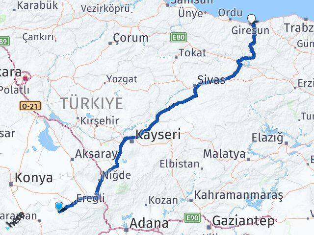 Karaman Ayrancı Giresun Arası Kaç Km - Yol Haritası