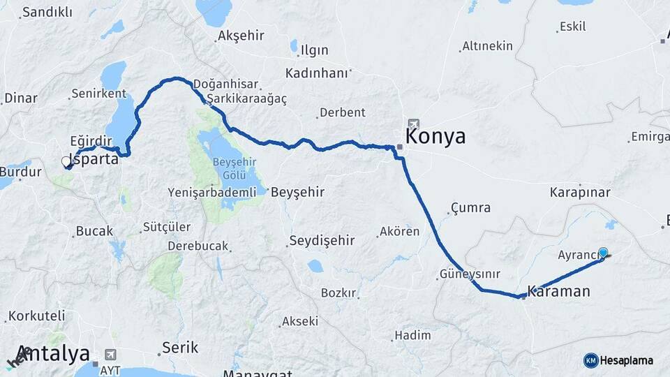 Karaman Ayrancı Isparta Arası Kaç Km - Yol Haritası