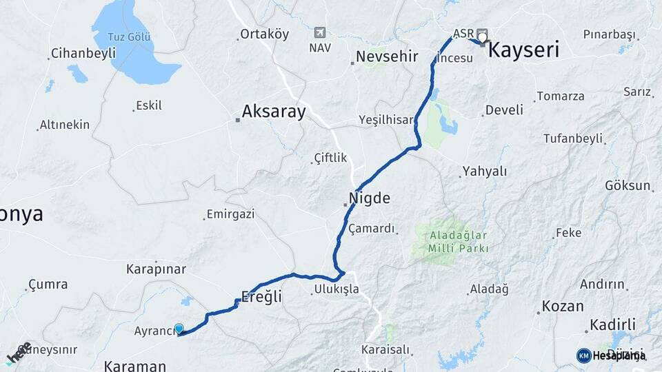 Karaman Ayrancı Kayseri Arası Kaç Km - Yol Haritası