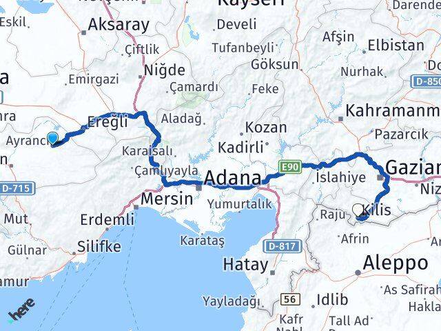 Karaman Ayrancı Kilis Arası Kaç Km - Yol Haritası