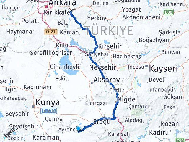 Karaman Ayrancı Kırıkkale Arası Kaç Km - Yol Haritası