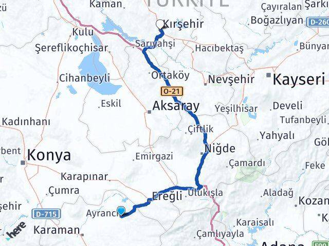 Karaman Ayrancı Kırşehir Arası Kaç Km - Yol Haritası
