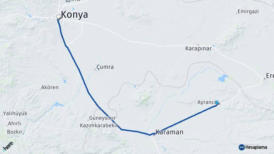 Karaman Ayrancı Konya Arası Kaç Km - Yol Haritası