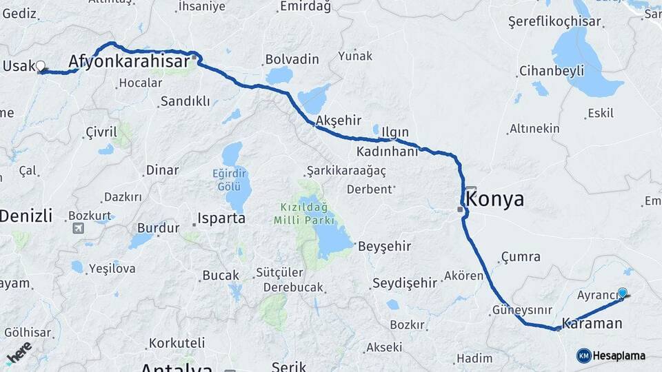 Karaman Ayrancı Uşak Arası Kaç Km - Yol Haritası