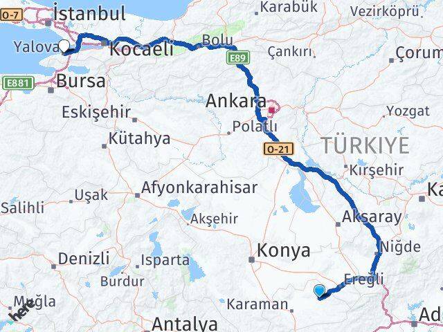 Karaman Ayrancı Yalova Arası Kaç Km - Yol Haritası
