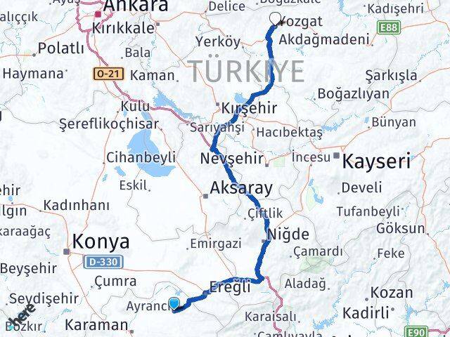 Karaman Ayrancı Yozgat Arası Kaç Km - Yol Haritası