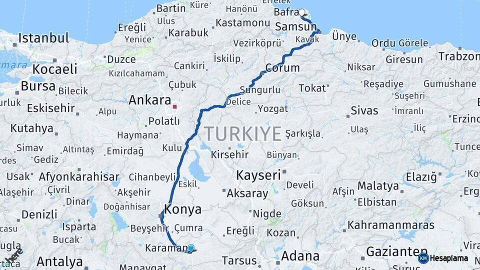 Karaman Bafra Samsun Arası Kaç Km - Yol Haritası