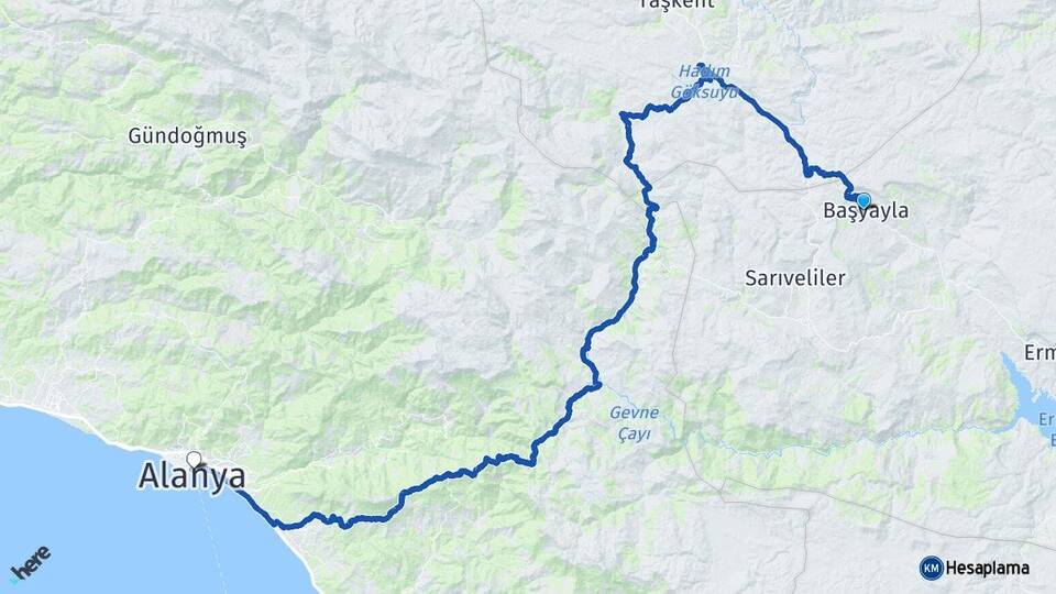 Karaman Başyayla Alanya Antalya Arası Kaç Km - Yol Haritası