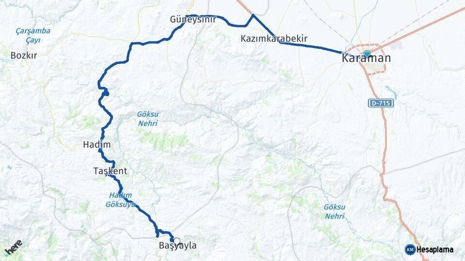 Karaman Başyayla Arası Kaç Km - Yol Haritası