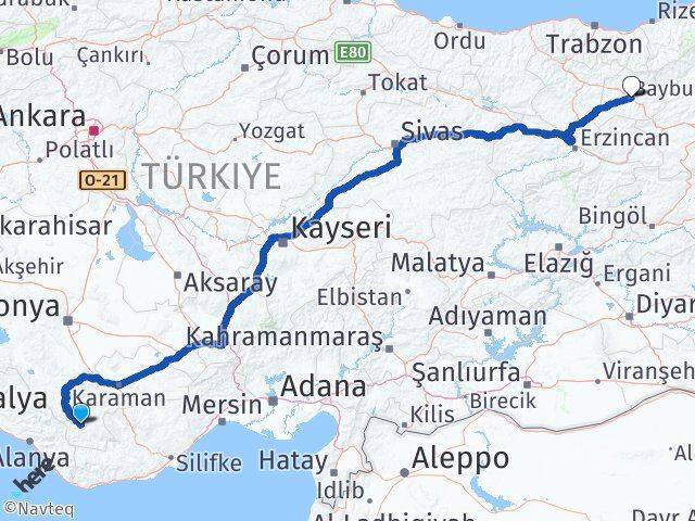 Karaman Başyayla Bayburt Arası Kaç Km - Yol Haritası