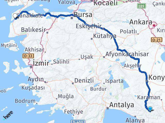 Karaman Başyayla Çanakkale Arası Kaç Km - Yol Haritası