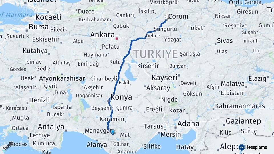 Karaman Başyayla Çorum Arası Kaç Km - Yol Haritası