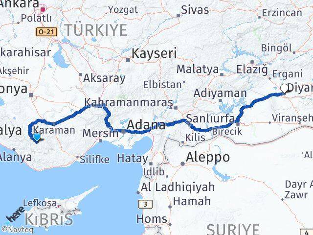 Karaman Başyayla Diyarbakır Arası Kaç Km - Yol Haritası