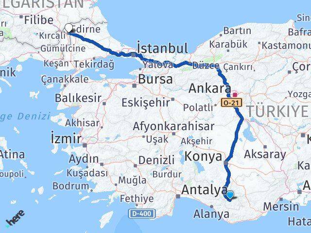 Karaman Başyayla Edirne Arası Kaç Km - Yol Haritası