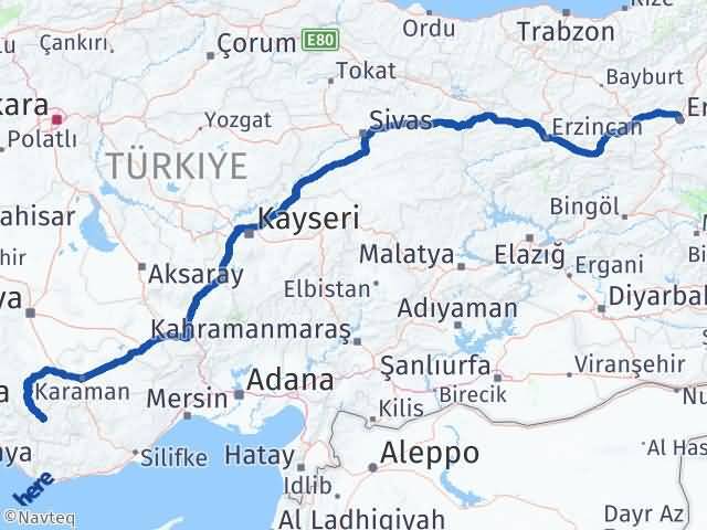 Karaman Başyayla Erzurum Arası Kaç Km - Yol Haritası