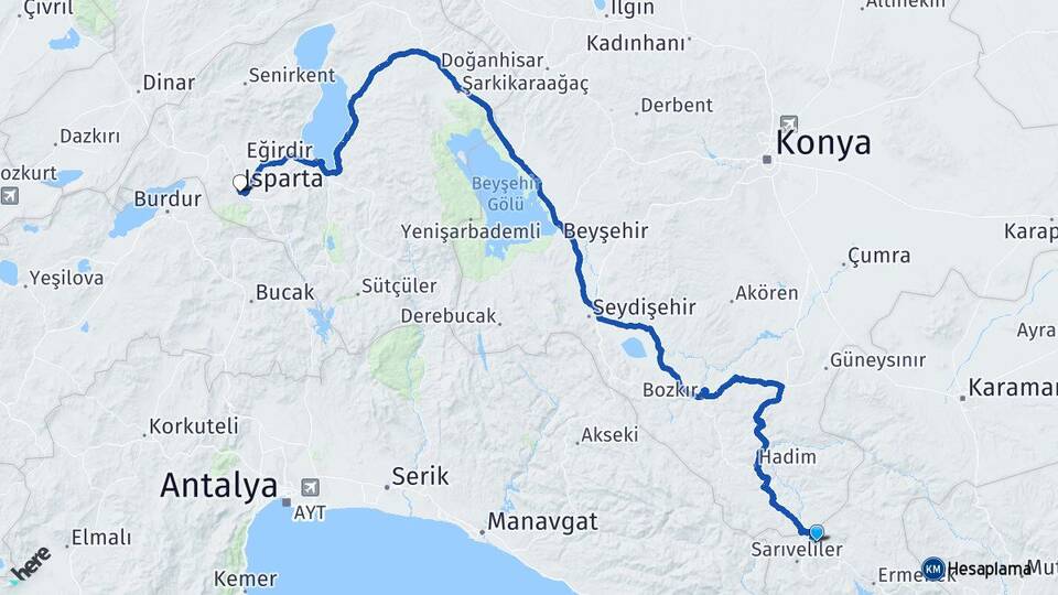 Karaman Başyayla Isparta Arası Kaç Km - Yol Haritası