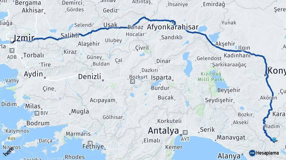 Karaman Başyayla İzmir Arası Kaç Km - Yol Haritası