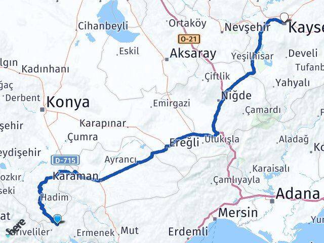 Karaman Başyayla Kayseri Arası Kaç Km - Yol Haritası