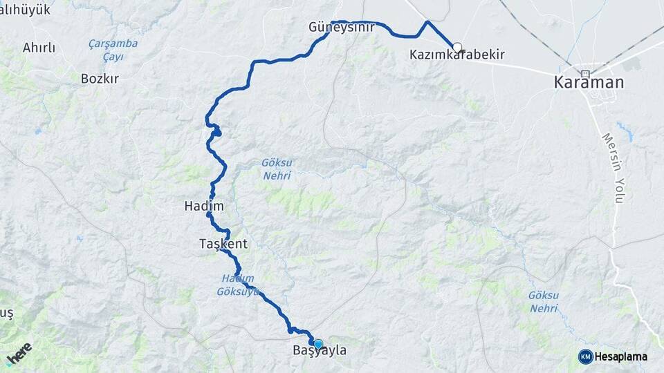 Karaman Başyayla Kazımkarabekir Arası Kaç Km - Yol Haritası