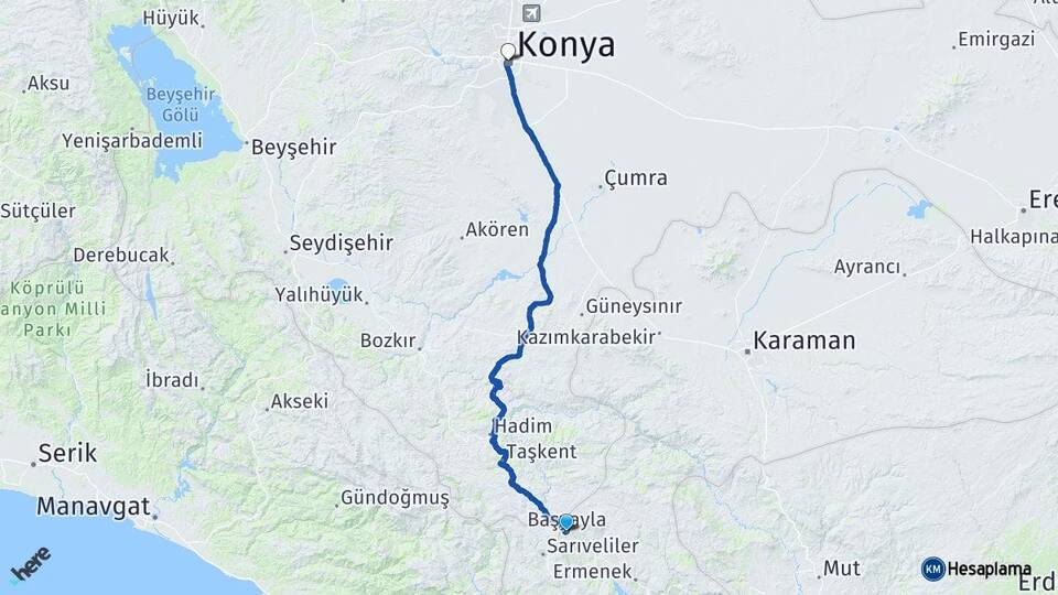 Karaman Başyayla Konya Arası Kaç Km - Yol Haritası