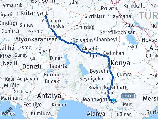Karaman Başyayla Kütahya Arası Kaç Km - Yol Haritası