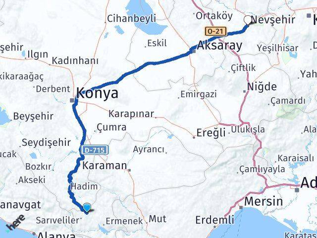 Karaman Başyayla Nevşehir Arası Kaç Km - Yol Haritası