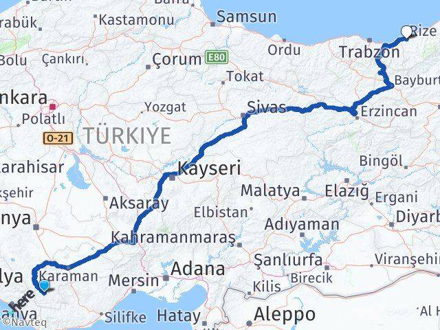 Karaman Başyayla Rize Arası Kaç Km - Yol Haritası