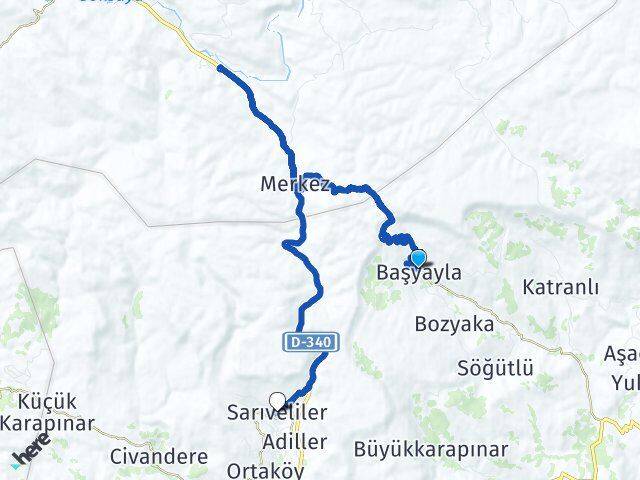 Karaman Başyayla Sarıveliler Arası Kaç Km - Yol Haritası