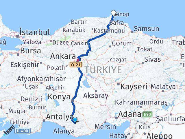 Karaman Başyayla Sinop Arası Kaç Km - Yol Haritası