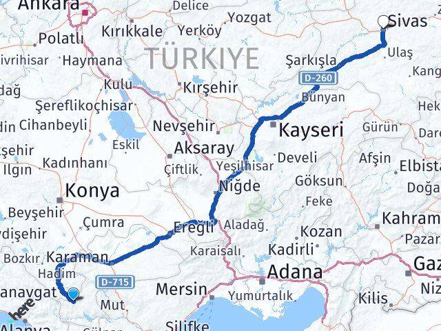 Karaman Başyayla Sivas Arası Kaç Km - Yol Haritası