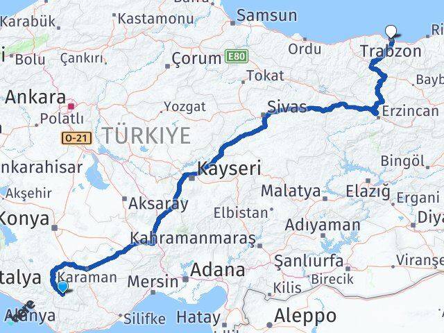 Karaman Başyayla Trabzon Arası Kaç Km - Yol Haritası
