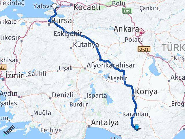 Karaman Başyayla Yalova Arası Kaç Km - Yol Haritası