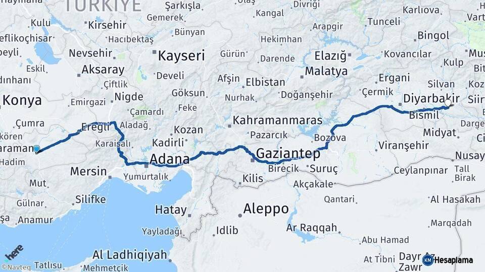 Karaman Batman Arası Kaç Km - Yol Haritası