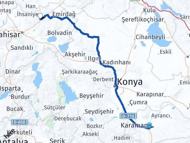 Karaman Bayat Afyonkarahisar Arası Kaç Km - Yol Haritası