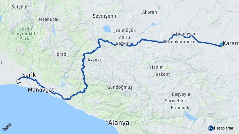 Karaman Belek Serik Antalya Arası Kaç Km - Yol Haritası