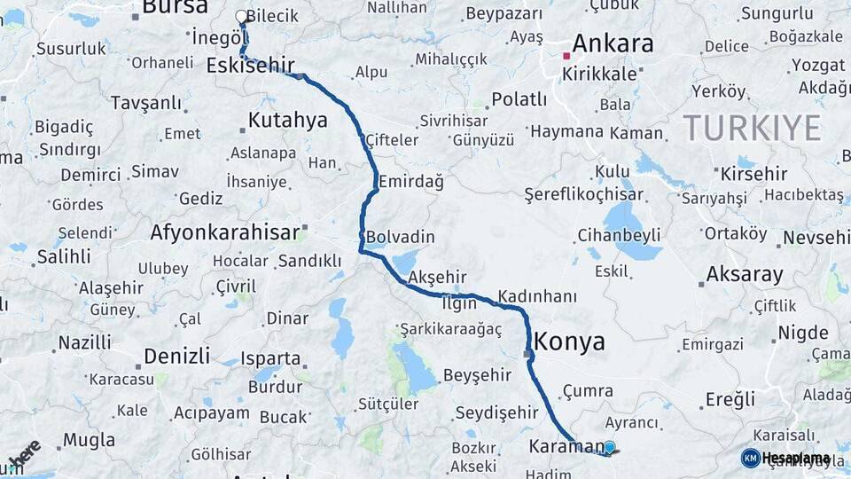 Karaman Bilecik Arası Kaç Km - Yol Haritası