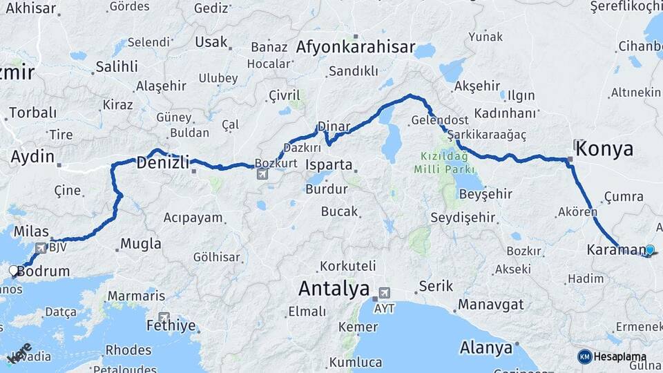 Karaman Bodrum Muğla Arası Kaç Km - Yol Haritası