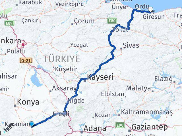 Karaman Bulancak Giresun Arası Kaç Km - Yol Haritası