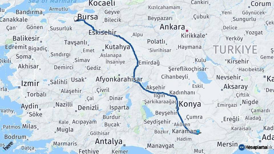 Karaman Bursa Arası Kaç Km - Yol Haritası