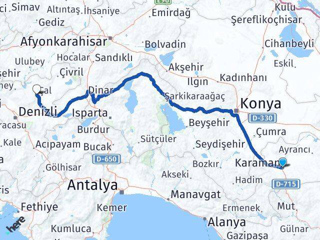 Karaman Çal Denizli Arası Kaç Km - Yol Haritası