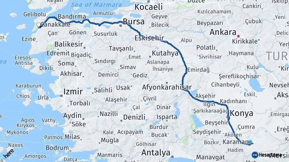 Karaman Çanakkale Arası Kaç Km - Yol Haritası