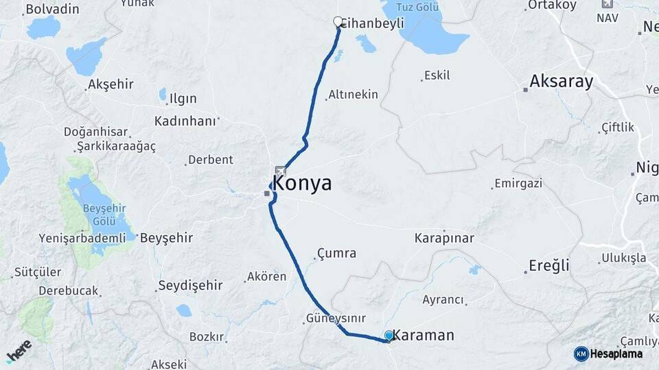 Karaman Cihanbeyli Konya Arası Kaç Km - Yol Haritası