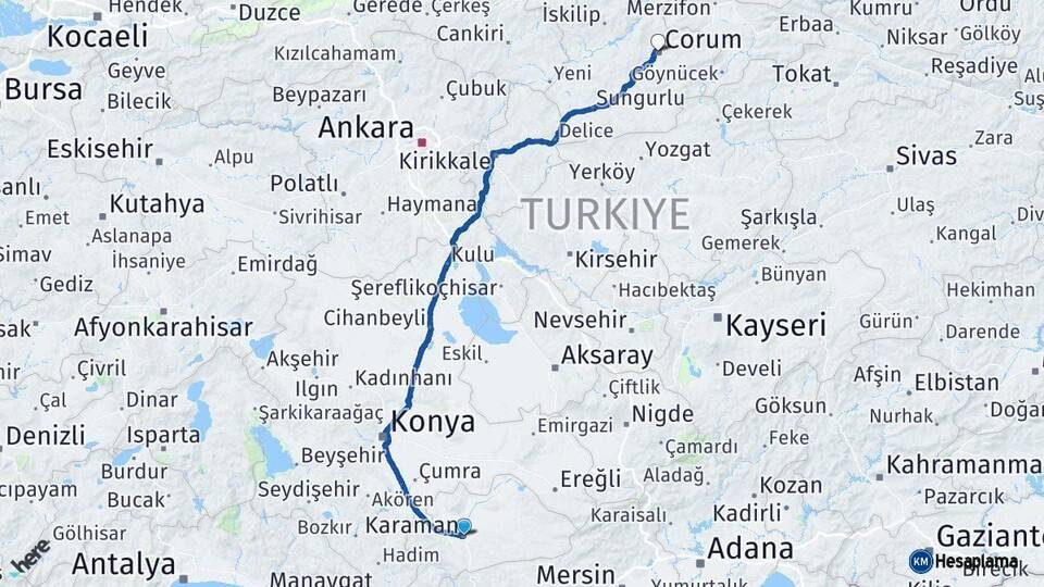 Karaman Çorum Arası Kaç Km - Yol Haritası